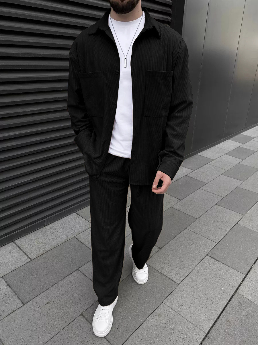 Street Fashion Clothes - Men's Corduroy Two-Piece Outfit: Long-Sleeved Button-Down