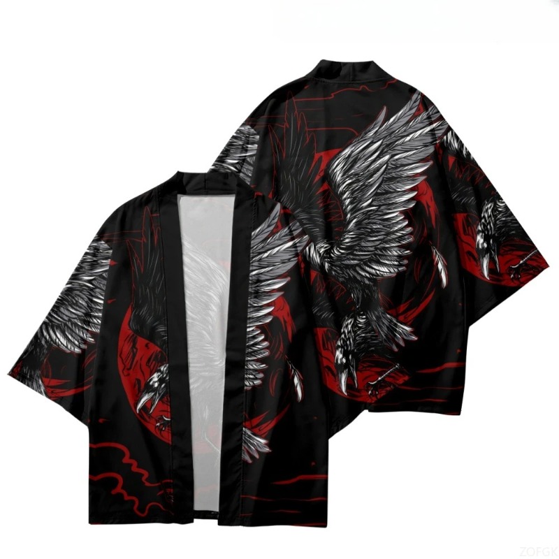 Fashion Crow Printed Open Fron - Street Fashion Kimono 评论和价格