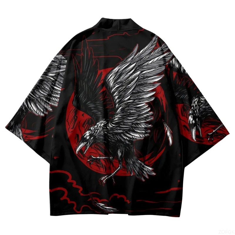 Fashion Crow Printed Open Fron - Street Fashion Kimono 评论和价格