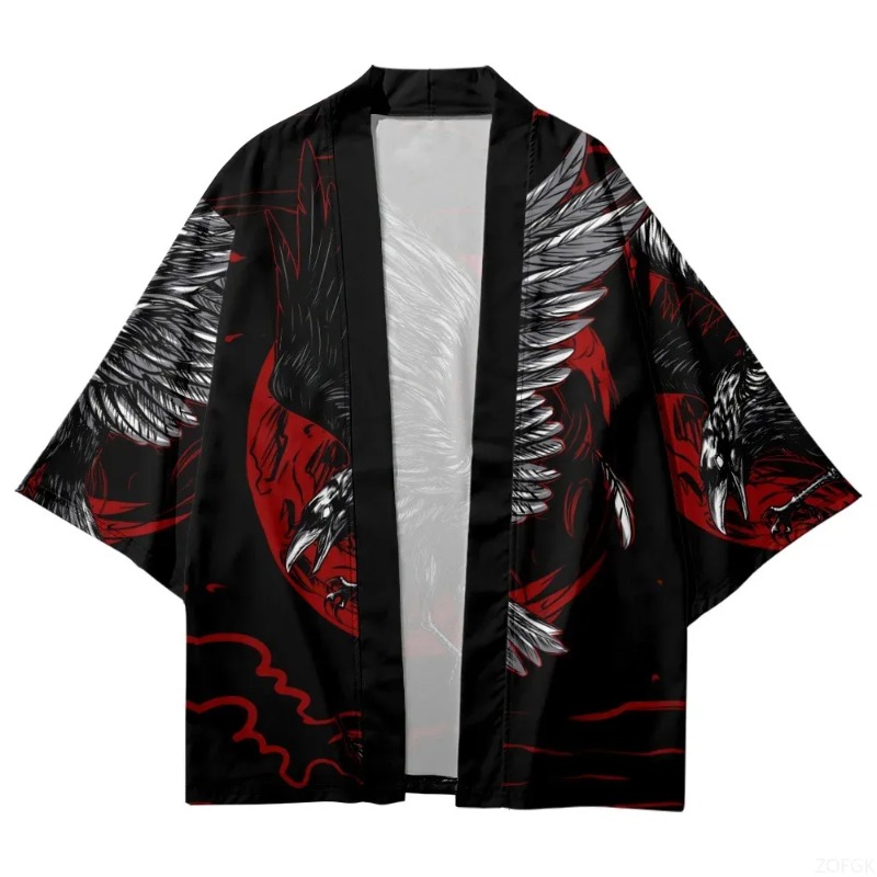 Fashion Crow Printed Open Fron - Street Fashion Kimono 评论和价格
