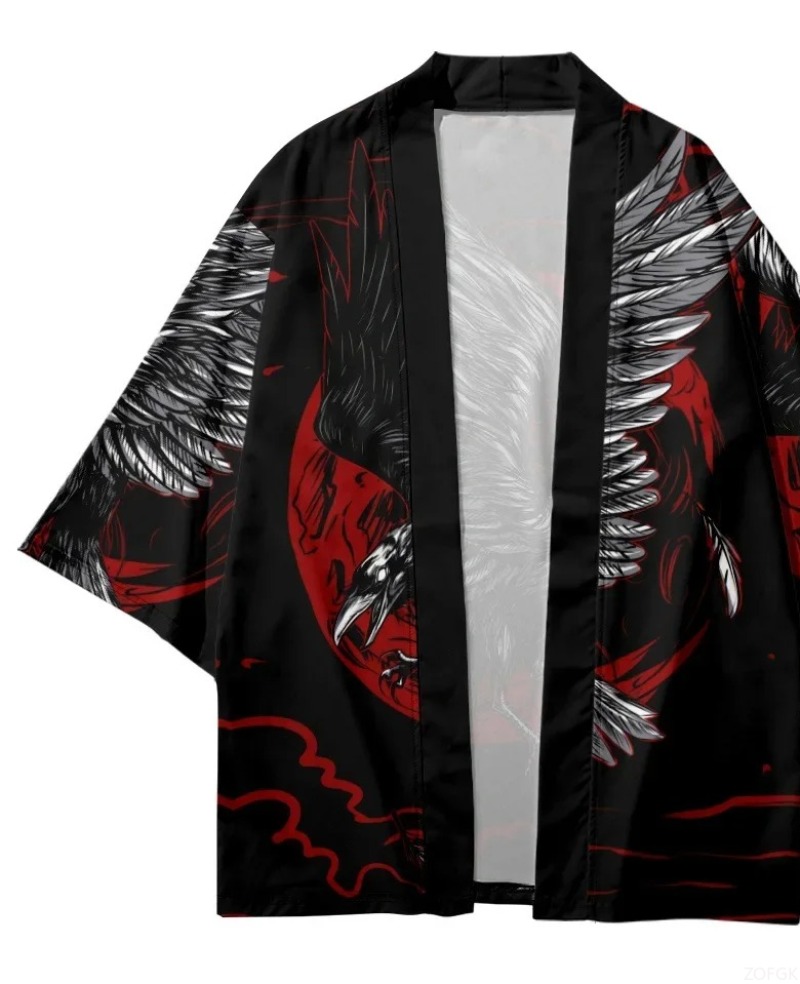 Fashion Crow Printed Open Fron - Street Fashion Kimono 评论和价格