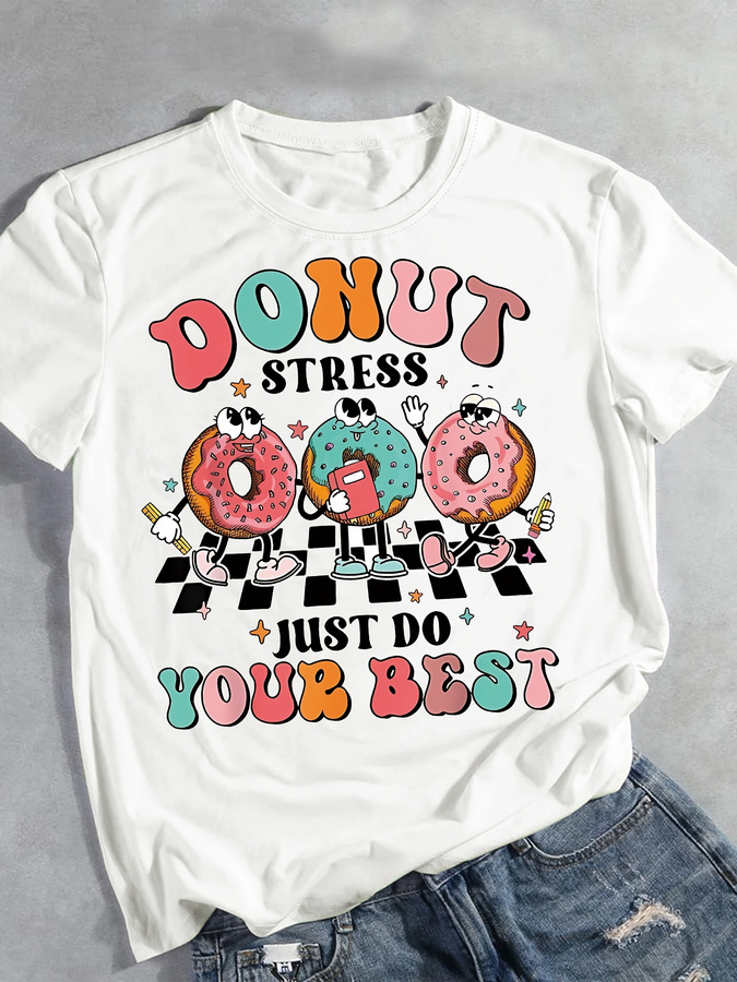 Cartoon Donut Print T-shirt, S - Street Fashion Trends 2026 评论和价格